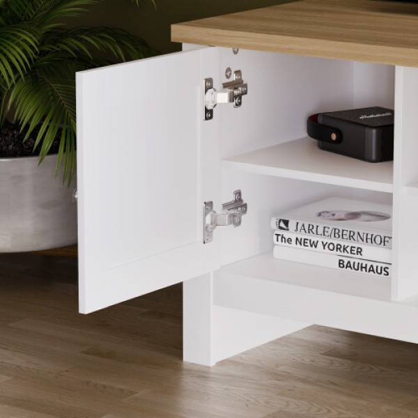 Arlington TV Cabinet (White and Oak Color), Single Door, Oak Top